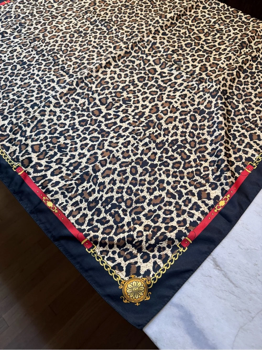 Leopard Print Square Scarf with Black and Red Trim 35” Square
